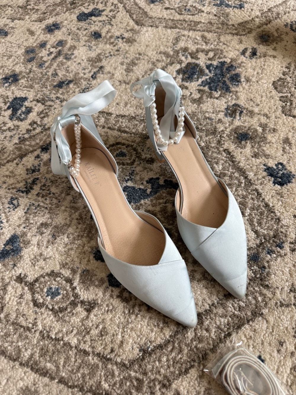 Pearl-Ankle Satin Pointed Toe Heels - Light Blue